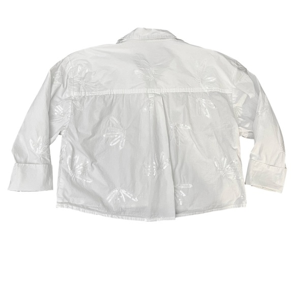 Anthropologie Calligraphie White Linen Embroidered Sequin Top Size L Cropped - Picture 2 of 10